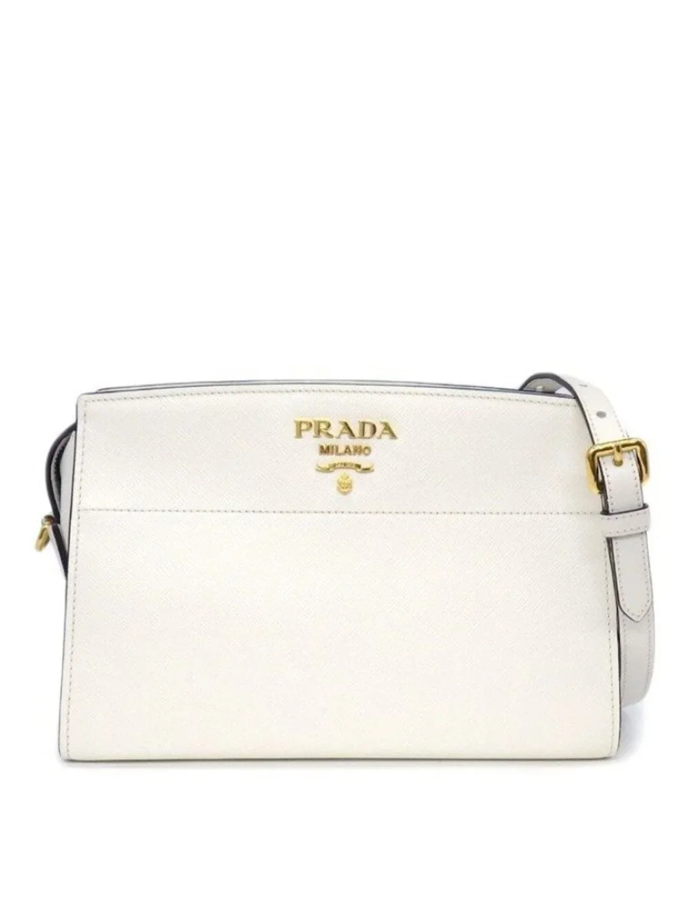 Prada Shoulder Bag Bandoliera Square Cross White Saffiano Leather Gold